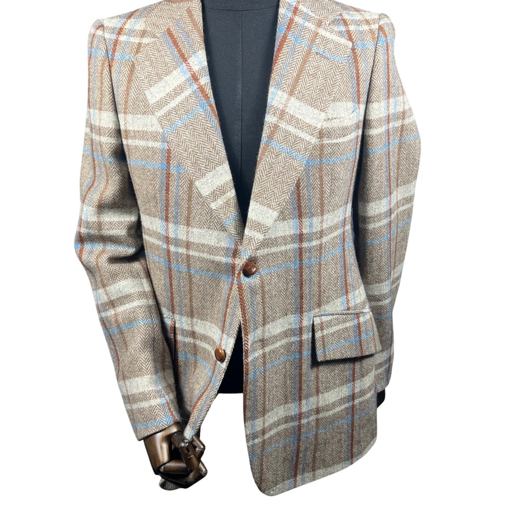 Vintage Don Robbie Blazer Mens‎ 40L Tan Blue Herringbone Plaid Leather Buttons